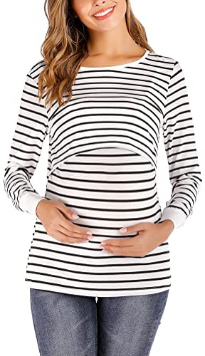 Lactancia Tops Embarazadas Elegante Casual Flecos Mujer Camisetas Camisas Manga Larga Diseño En Capas Tops Lactancia Classic 2in1 Ropa Embarazada (Negro,S,S)
