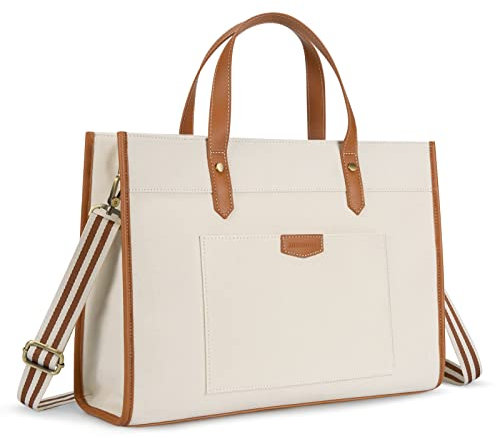 Missnine Laptoptasche 15,6 Zoll Handtasche Damen Business Arbeitstasche Shopper Groß Canvas Tasche Lehrertasche, Aktentasche für Büro Uni, Braun & Beige
