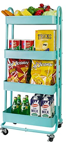 elabo 4-Tier Metal Mesh Utility Rolling Cart, Storage Organizer Trolley Services Cart with Lockable Wheels for Kitchen, Bathroom, Living Room (Blue)
