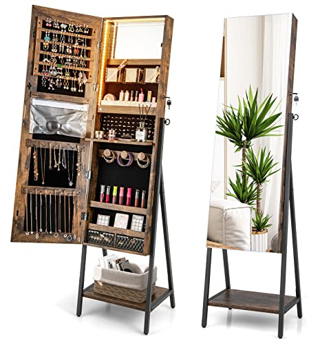 COSTWAY Freestanding Jewelry Cabinet, 3-Color LED Lights Lockable Jewelry Armoire with Full Length Mirror, Makeup Mirror and Bottom Shelf, Bedroom Jewellery Storage Organiser Unit Gift (Rustic Brown)
