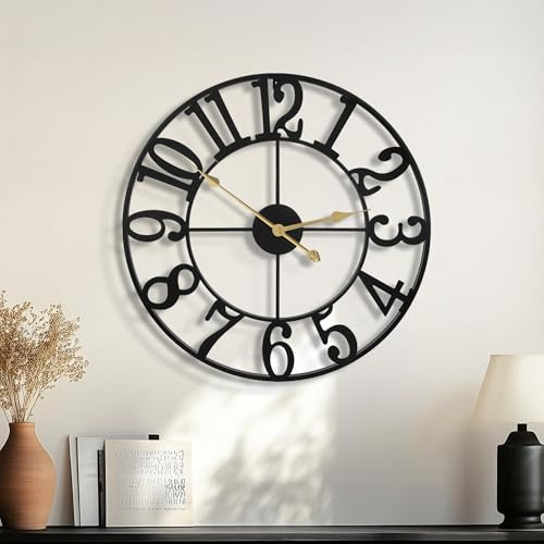 HAITANG Reloj de Pared Grande de 16 Pulgadas, Redondo, Casi silencioso, sin tictac, de Cuarzo, Funciona con Pilas, números arábigos Negros, Relojes de Pared de Metal para Sala de