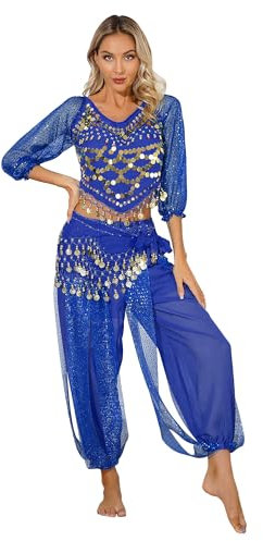 iiniim Damen Bauchtanz Kostüm Langarm Tops + Haremhose Orientalische Indische Bauchtänzerin Tanzkleidung Halloween Fasching Karneval Party Outfits Blau Einheitsgröße