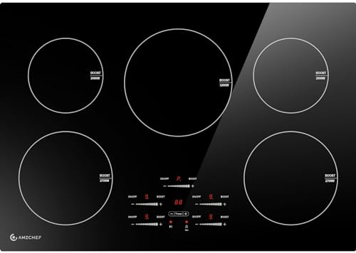 30 Inch 10600W Induction Cooktop,AMZCHEF 9 Levels Electric Cooktop with 5 BOOST Burners, Bulid-in Induction Stove Control by Slide Touchscreen, Safety Lock, Independent Timer, No Plug, 240V