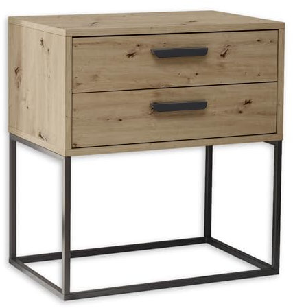 SUNA Nachttisch in Artisan Eiche Optik - Moderner Nachtschrank mit Schubladen und schwarzem Metallgestell - 60 x 65 x 38,5 cm (B/H/T)