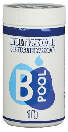 B POOL Multiazione 200 GR. Pastiglie ad azione Sanitizzante, Stabilizzante, Antialghe, Flocculante per il trattamento dell'acqua della tua piscina. Formato da 1 Kg