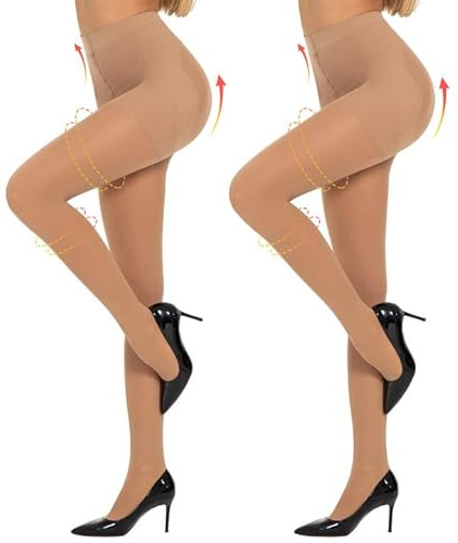 Yilanmy Women's Control Top Pantyhose 50D Semi Opaque Tights Run Resistant 10-15mmHg Support Hose Compression Tights 2 Pairs(Natural, S)