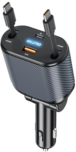 OHLPRO Einziehbares Auto Ladegerät, Autoladegerät Zigarettenanzünder 4 in1, Handy Schnellladegerät Car Charger, Kfz Ladegerät USB C mit 2 Typ-C Kabel Kompatibel mit iPhone 16/15 Series/Galaxy Tab