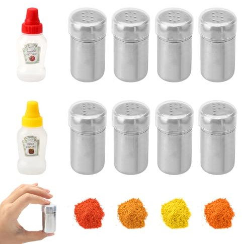 Set di 8 mini spargisale, sale e pepe, 5 ml, saliera mini, in acciaio inox con coperchio, fori a forma di S/P per viaggi, campeggio, bento box, barbecue all'aperto