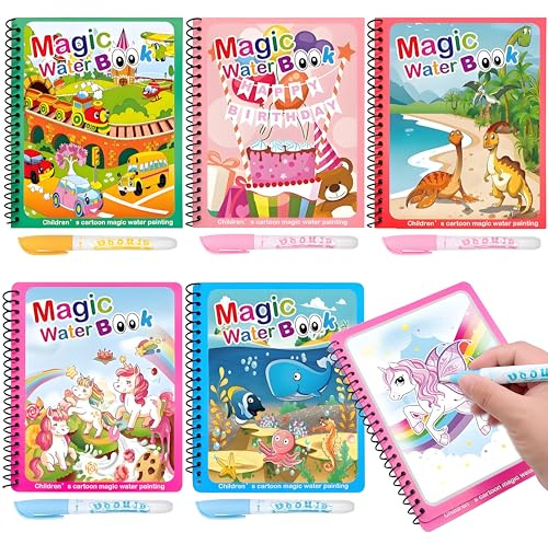 5 Pack Magic Water Colouring Book for Kids, Reusable Cartoon Water Painting Book with Pens, Educational Toys for Toddlers Age 2-6, Fun Art Activity Gift