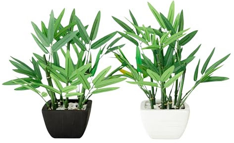 365 Blooming Decor Artificial Bamboo in Terracotta Pot - Small Bamboo Plants Set of 2 Faux Bamboo with Black and White Pot - Maintenance-Free Room Decor, Home Decor, Bathroom Decor