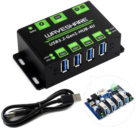 Waveshare 4-Ch USB 3.2 Gen1 HUB, Metal Case with Wall-Mount Support, Driver-Free, Plug-and-Play, Compatible with Windows/MAC OS/Linux/Android, etc