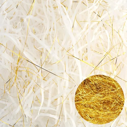 Kayqbonke 250g Raffia Füllmaterial für Pakete, Eine Mischung aus Weiß und Goldenem Filigran Shredded Tissue Paper, Füllmaterial für Pakete,Geschenkbox,Geschenkkorb und Präsentkorb