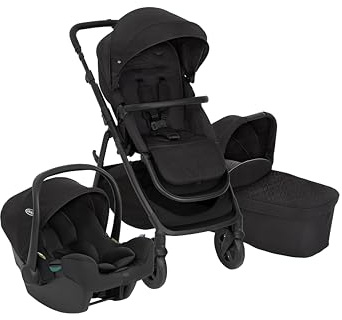 Graco Near2Me™ DLX 3in1 Kinderwagen-Set, inkl. Babywanne (0-9 kg) und Babyschale (40-75 cm), bis 22 kg, rückwärts, vorwärts, kompakt gefaltet, inkl. Adapter und Regenverdeck, schwarz, Midnight