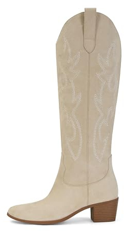 STALOV Botas vaqueras para mujer, puntera puntiaguda, tacón grueso, sin cierre, hasta la rodilla, bordadas, altas, beige (2-Beige), 43 EU