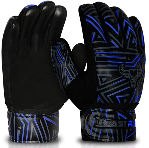 BEAST RAGE Guanti da portiere per bambini, ragazzi, ragazze, guanti da portiere di calcio con palmo antiscivolo in lattice 4 mm, presa maggiore (blu, misura 6 adatto per 12 a 15 anni vecchi)
