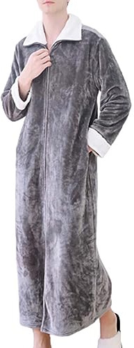 Full Length Bathrobe Men-Zip, Mens Dressing Gowns Fleece With Lapel Furry Collar Plain Towel Robe Winter Autumn Bathrobe For Loungewear, Warm & Cosy Changing Robe Mens Bathrobes