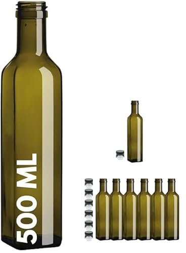 Buyglass Set di 7 Bottiglie in Vetro Verde da 500 ml, Bottiglie per Olio e Vino con Tappi