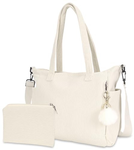 Bolso De Mano De Pana Tote Bag Para Mujer, Tote Bag Cremallera - Bolso Cruzado Con Correa De Hombro Ajustable, Bolso Grande Para Desplazamientos, Compras, Viajes (Blanco)