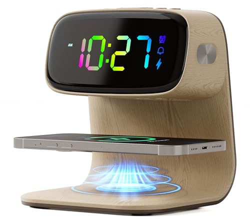 Digital Alarm Clock with Wireless Fast Charging Station 15W Touch Smart Lamp for Bedside,3 Colors Nightlight Adjustment Night Lamp for Living Room,Bedside,Heavy Sleepers (Woodgrain+Cable&Adapter)