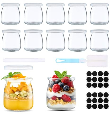 Hejo Barattoli Vetro per Yogurt con Coperchio,12 Pezzi 200ml/7oz Riutilizzabili Vasetti Vetro Piccoli con Lacci e Spazzola,Portatile Vasetti per Yogurt,Marmellata,Miele,Spezia