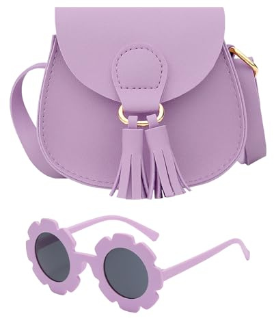 HSYWSH 2PCS Borsa per bambini con occhiali da sole borsa per bambine da 3 a 5 anni, borsa viola per ragazze con cinturino regolabile, set di borse per bambine per feste e attività all'aperto