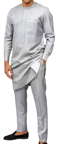 Générique Djellaba homme - Boubou Africain homme - Kaftan Ensemble Deux Pièces Manches Longues Col Rond et Pantalon - Style Traditionnel Africain pour Célébrations et Événements Spéciaux