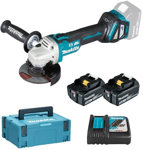 Makita DGA463Z 18v Brushless 115mm Angle Grinder with 2 x 5.0 BL1850, 1 x DC18RC