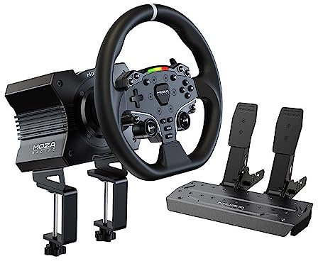MOZA R5 All-in-One PC Gaming Racing Simulator: 5.5Nm Direct Drive Wheel Base, 11-inch Racing Wheel, Anti-Slip Pedals and a Desk Clamp, Cloud-based App Control