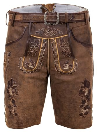 Thomas - Pantaloni corti bavaresi in pelle, cintura abbinata, taglia 44-68, marrone