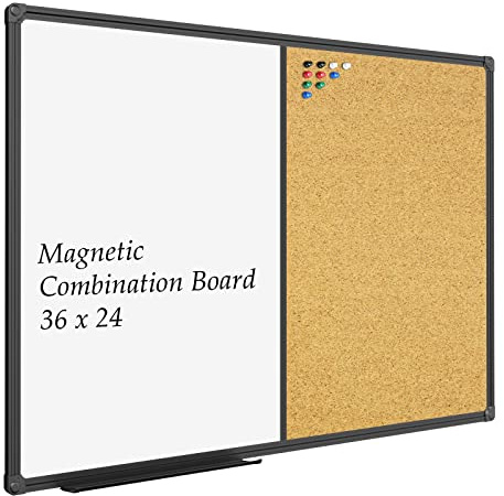 JILoffice White Board & Bulletin Corkboard Combination, Combo Board 36 x 24 Magnetic Whiteboard, Black Aluminum Frame Wall Mounted Board for Office Home and School with 10 Push Pins