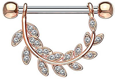 Piersando Brustwarzen Piercing Intimpiercing Nippelpiercing Brust Nippel Intim Brustwarzenpiercing Barbell mit Kristall Blatt Anhänger Rosegold