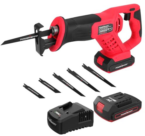 PowerSmart Sierra de vaivén inalámbrica, 2.0 Ah Li-ion Sierra de vaivén con cargador rápido, cambio de hoja sin herramientas y velocidad variable, sierra de carpintería PS76415A