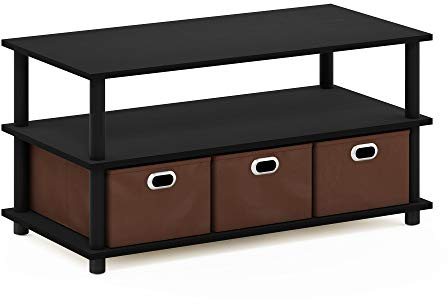 Furinno FRANS Coffee Table, 3-Tier Modern Coffee Table with Shelves and Storage Bins, Easy Assembly Side Table with Open Shelf, for Living Room, Bedroom, Home Office, Black Oak