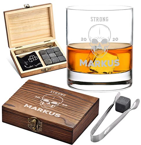 Set di 5 pietre refrigeranti – con incisione personalizzata – 9 pietre refrigeranti, 1 sacchetto in tessuto, 1 pinza, 1 bicchiere da whisky e 1 scatola di legno – cubetti di ghiaccio riutilizzabili –