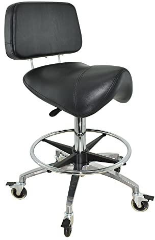 VAKON SALON - Breiter Sattelhocker schwarz mit Bremse und Lehne, Sattelstuhl für Rückenentlastung, Rollhocker höhenverstellbar von 55-75 cm, Praxishocker, Bürohocker, Arbeitshocker