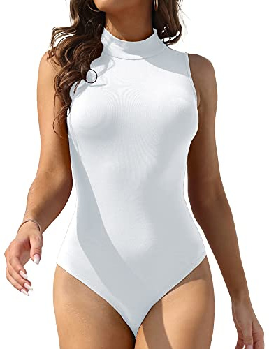 LAOLASI - Body de cuello alto con cuello tortuga, sin mangas, ajustado para mujer, 01 Blanco, M