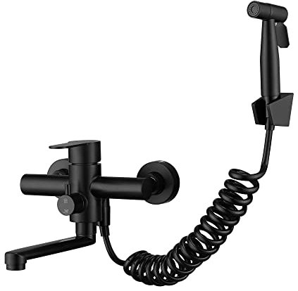 HomeLava Wasserhahn Küche Armatur Wandmontage mit Spritzpistole 360° drehbar Auslauf 180mm Wandarmatur Mischbatterie Küche Spüle Wandarmatur, Edelstahl gebürstet Schwarz