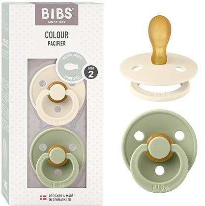 BIBS Colour Symmetrical Soother 2-Pack, BPA Free Dummy Pacifier, Symmetrical Nipple. Natural Rubber Latex, Made in Denmark. 6-18 Months (Pack of 2), Ivory/Sage