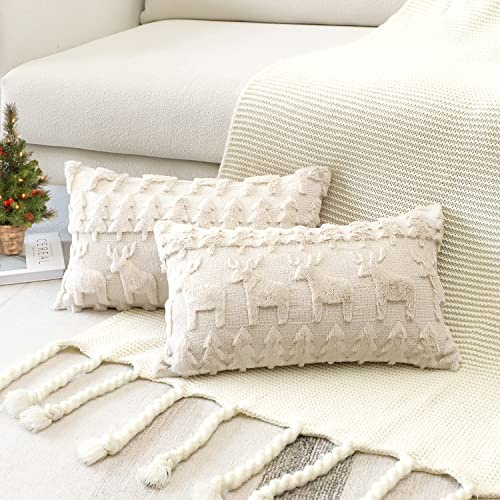 Artscope Uppsättning av 2 ull örngott mjuk plysch kort ullsammet dekorativa örngott lyxig soffkudde europeiska örngott för soffa sovrum julgran och älg krämfärgad beige, 30 x 50 cm