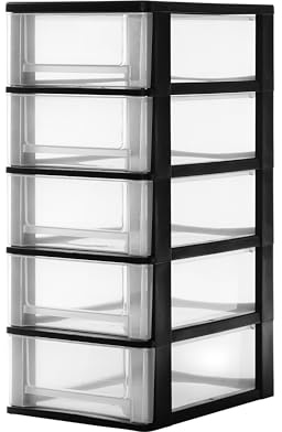 Iris Ohyama, Kunststoff Schubladenbox mit 5 flachen Schubladen, Schwarz, Easy-Pull-System, A4, A5 & A6 Format, Schreibtisch Organizer für Büro, Schule, Schreibwaren, BPA-frei, Schubladenschrank,