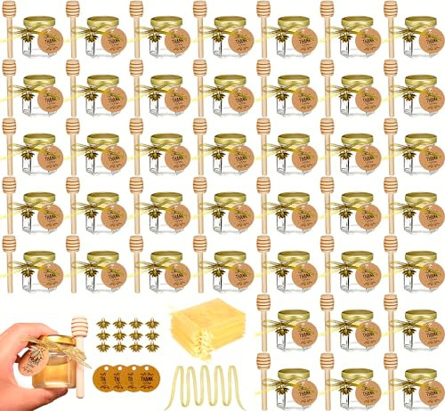 Ahhute 40-Count 1.5 oz Mini Hexagonal Glass Honey Jars - Small Honey Jars with Wooden Dippers, Bee Charms, Gold Gift Bags and Fabric Ribbons for Baby Showers