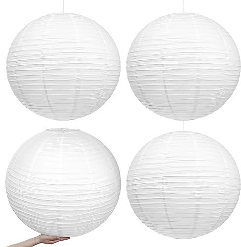 Woanger 4 Pack 24 Inch Large Paper Lantern Shade Jumbo White Japanese Chinese Round Hanging Japanese Paper Lantern Lamp for Home New Year's Eve Valentines Wedding Party Ceiling Decoration