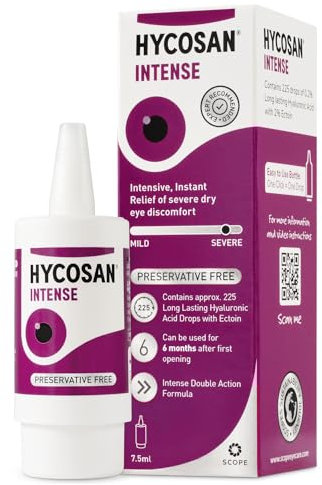 Hycosan Intense - Eye Drops for Long-Lasting, Intensive Lubrication and Instant Relief for Itchy, Burning Sensation and Severe Dry Eyes - Preservative Free - 225 Measured Doses
