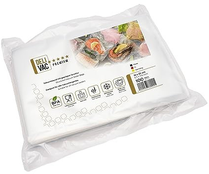 DeliVac Vakuumierbeutel 16x25 cm – 100 Stück, geprägte Vakuumbeutel für alle Vakuumierer, BPA-frei, lebensmittelecht, ideal für Sous-Vide, Gefrierschrank & Lebensmittelaufbewahrung