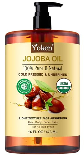 Yoken Pure Jojoba Oil Organic USDA Certified 16 fl oz, 100% Natural Jojoba Oil for Hair, Skin & Face, Cold Pressed Unrefined, Deeply Body Moisturizer Jojoba Carrier Oils for Essential oil Mixing