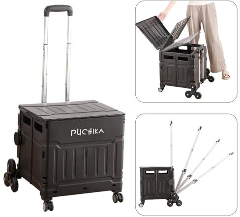 PUCHIKA Einkaufstrolley klappbar, Einkaufswagen Trolley, Einkaufstrolley mit Deckel, Shopping Trolley faltbar, Einkaufstrolley flachziehenbar, Teleskop Griff, 8 Gummiräder, 48L, Schwarz