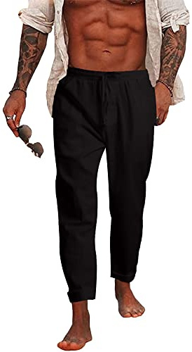 NANAMEEI Pantalon Lin Homme Été Pantalon Yoga Homme Grande Taille avec Cordon Elastique Casual Pants for Men Noir M
