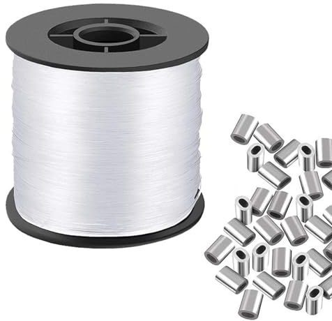 SRTSTR 200M Filo Nylon Trasparente 0,8 mm Filo da Pesca Filo Trasparente per Appendere con 100 Manicotti ad Anello di Aggraffatura per Fai da te, Pesca, Artigianato, Gioielli, Sospensione