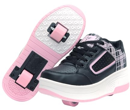 Ragazzi Ragazze Scarpe da Skateboard con 2 Ruote Automatiche, Pattini a rotelle per Bambini con Doppie Ruote, Scarpe da Fitness per Esterno Sneakers, Nero-Rosa, 34 EU