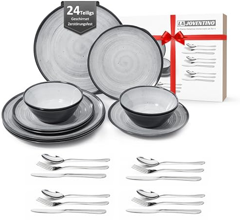 La Joventino 24PCS Melamin Geschirrset für 4 Personen, Campinggeschirr Teller Set - Tafelservice für Outdoor & Indoor